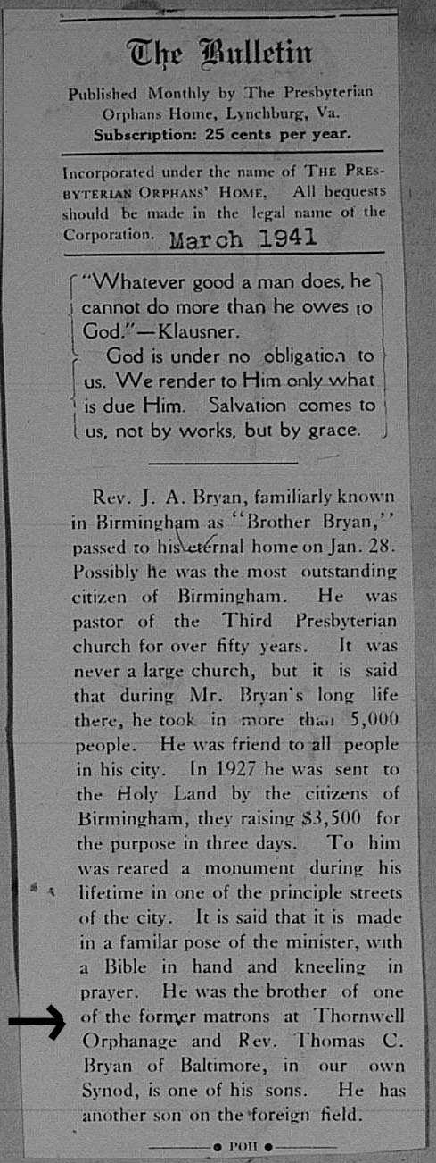Bulletin published by The Presbyterian Orphans Home Lynchburg, VA